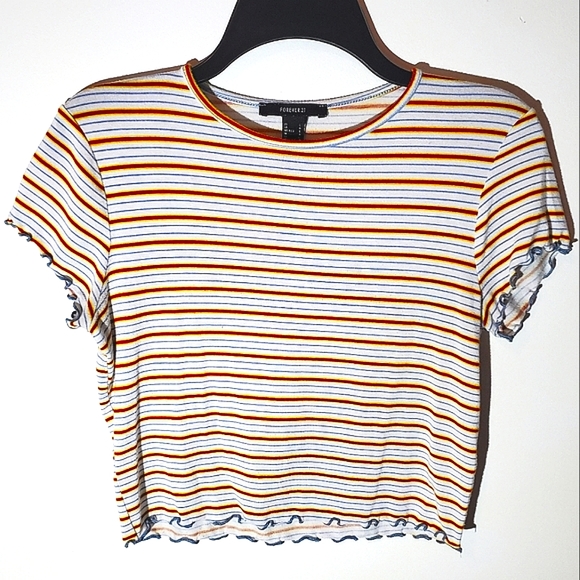 Juniors Ruffled Hem Cropped Crew Neck Striped  Girls Top by Forever 21 | 3/$15 - Picture 7 of 7